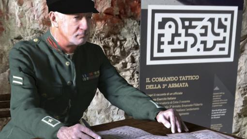 AR image of a soldier at desk in an artillery tunnel.