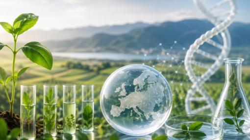 Plant seedlings in laboratory test tubes, a glass globe showing a map of Europe, a DNA double helix structure, and laboratory glassware against a background of green fields and a hilly landscape.