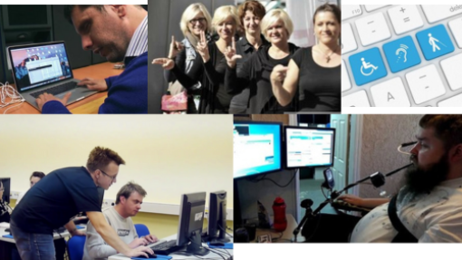 Photo collage: blind user sitting at computer, listening to screen reader, accessibility testing with a blind man and an expert, a user with a stick in his mouth, sign language presentation, keyboard with accessibility icons.