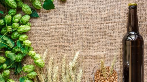 Top‑view image showing a dark beer bottle on the right, next to a small bowl filled with cereal grains and several wheat ears; green hop cones are arranged on the left. All elements are placed on a rustic burlap fabric background.