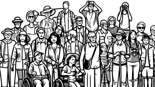 Pencil sketch of a mixed group o tourists, some are elderly, on wheelchairs or have other impairments
