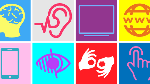 8 squares showing colorful symbols of different types of impairments and accessibility